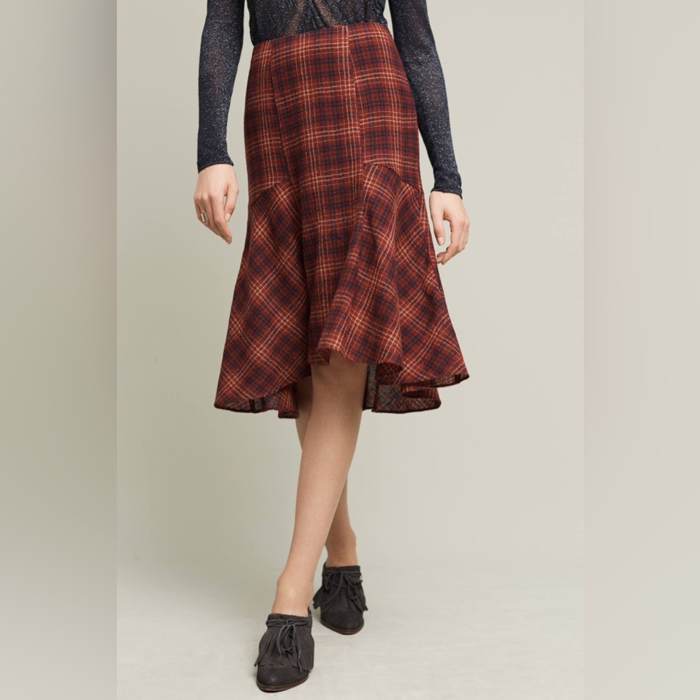 Anthropologie | Maeve red/navy plaid wool flared skirt 6